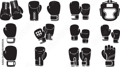 Boxing gear set different boxing gloves and headguard vector illustration