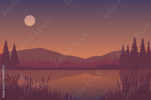 A peaceful landscape with silhouetted trees mountains and a bright full moon