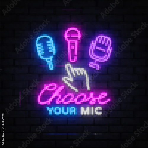 Colorful neon composition with three microphones and hand pointer, Choose Your Mic text below. Fun for music apps or studio themes.
