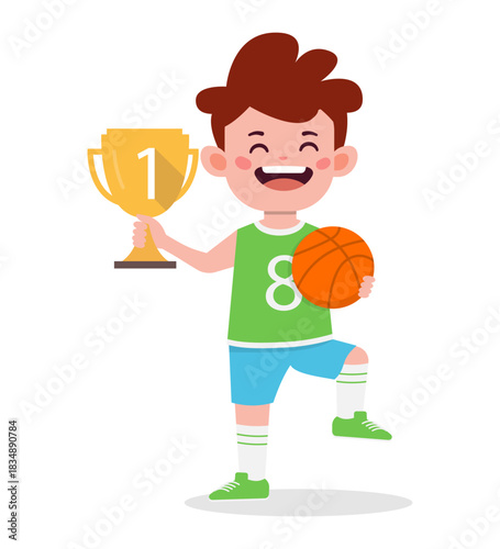 A cartoon boy in a green jersey holds a basketball and a gold trophy with the number 1 on it.