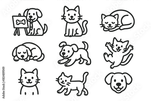 Adorable outline icons collection of happy cats and dogs in various poses