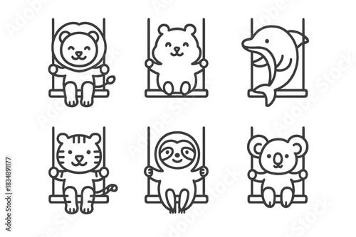 Collection of cute wild animal characters sitting on swings, drawn in simple outline style