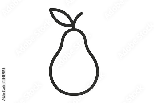 Minimalist black outline icon depicting a fresh ripe pear fruit with a small leaf and stem attached