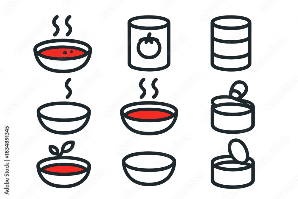 Fototapeta premium Minimalist icons depicting hot soup bowls and various canned food containers