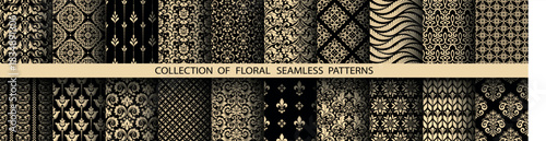 Geometric floral set of seamless patterns. Golden and black vector backgrounds. Damask graphic ornaments