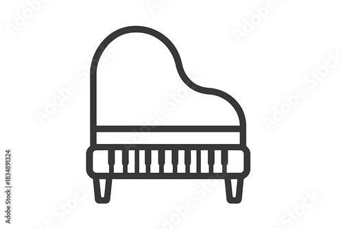 Clean minimalist black and white outline drawing of a classic grand piano musical instrument