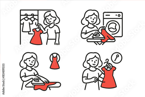 Woman performing household laundry chores washing ironing and hanging clothes routine