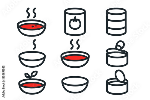 Minimalist icons depicting hot soup bowls and various canned food containers