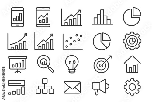 Comprehensive collection of line icons representing business finance data analysis and corporate strategy