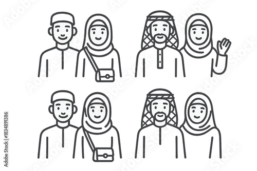 Set of Muslim and Arab couple avatars in traditional religious and cultural clothing