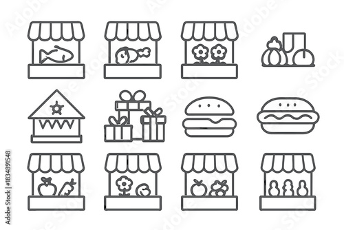Outline icons of market stalls, food items, shopping concepts, gifts, and fast food