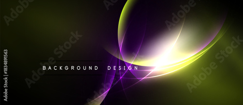 Abstract background design features flowing curves, vibrant colors. Purple, yellow gradients create dynamic visual effect. Modern, elegant presentation.