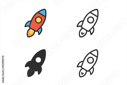 Collection of four different rocket ship symbols representing business launch success and speed