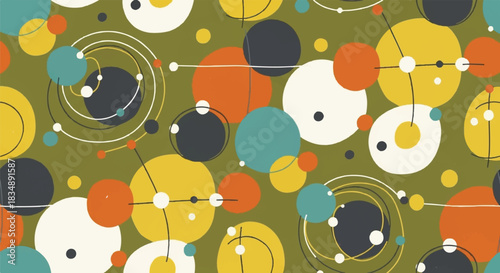 Mid-Century Modern Seamless Geometric Pattern with Abstract Circles and Shapes