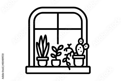Minimalist black and white drawing of potted plants on a window ledge
