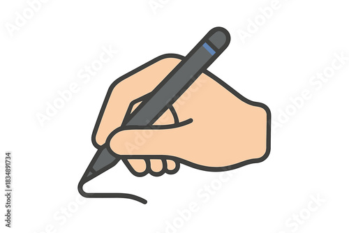 Close-up view of a human hand holding a digital pen or stylus making a simple curved stroke