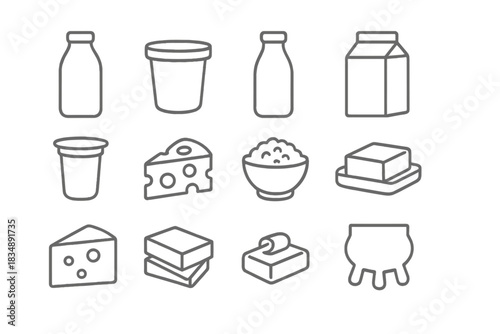 Outline symbols representing milk, cheese, butter, yogurt, and other dairy food products