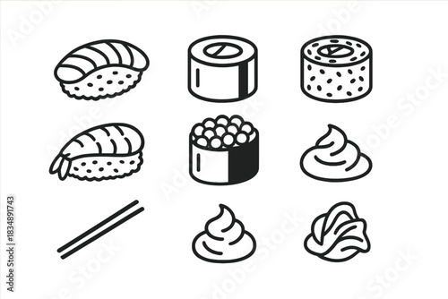 Simple black outline icons of Japanese sushi rolls, nigiri, and condiments set
