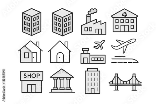 Simple black outline symbols of urban architecture, public services, and transportation infrastructure