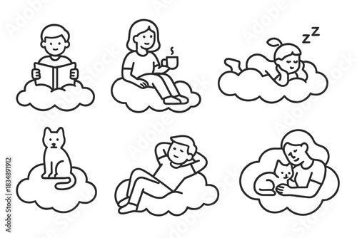 People and a cat relaxing on clouds while reading, sleeping, and enjoying coffee