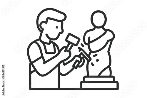 Artist sculptor carving a classical statue from stone with hammer and chisel