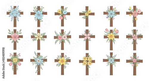 A collection of stylized floral crosses are displayed in a flat lay against a clean white background, creating a soft, pastel color palette suitable for Easter or