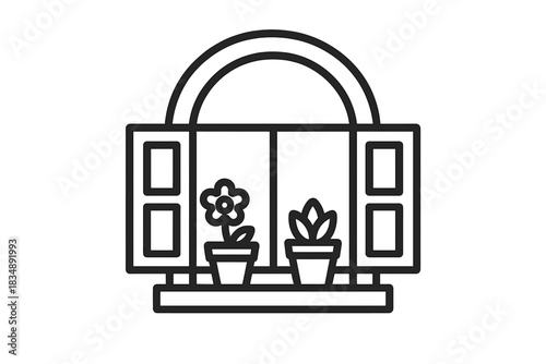Minimalist design of potted plants on a windowsill of an arched window frame