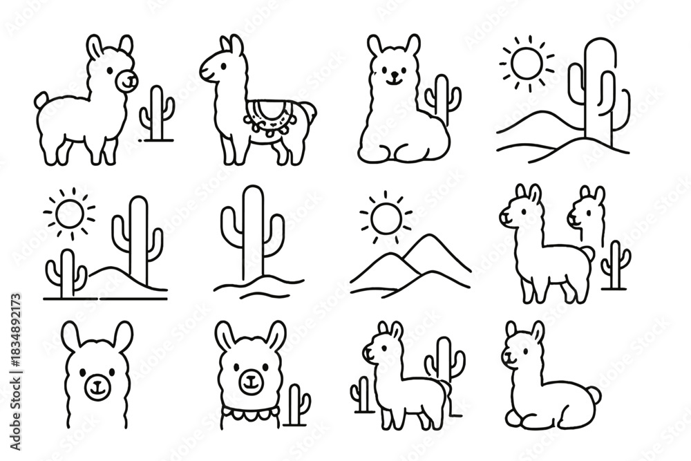 Obraz premium Adorable llama and alpaca characters with desert cactus plants and mountain landscape