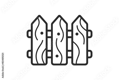 Minimalist black and white graphic showing a small section of wooden picket fence boundary