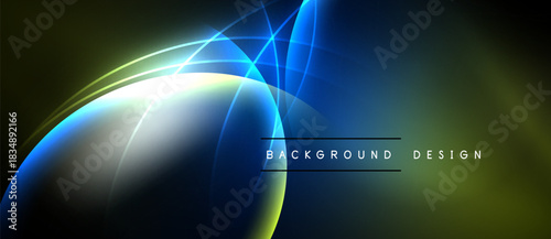 Abstract neon lights create dynamic curves, gradients. Dark background emphasizes bright blue, yellow illumination. Modern design element.