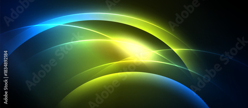 Bright abstract curves radiate from central point. Colors blendblue, green, yellowcreating dynamic visual effect. Smooth gradients dominate composition.