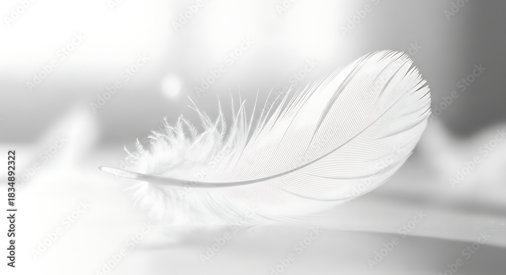Obraz premium A single, pristine white feather rests on a smooth surface, its delicate structure and subtle gradations highlighted by soft light
