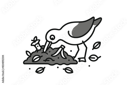 Stylized small bird foraging for food scraps and organic waste in a compost pile