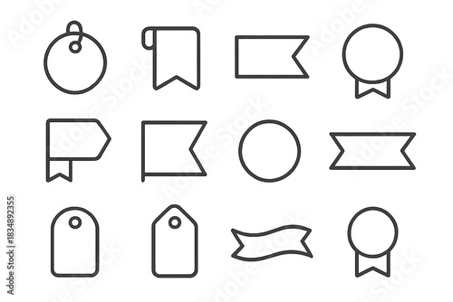Minimalist outline collection of blank price tags, decorative ribbons, and award badges