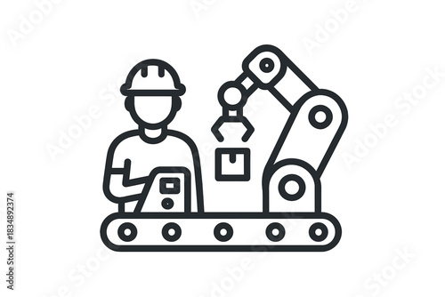 Industrial worker monitoring automated assembly line with robotic arm and conveyor belt