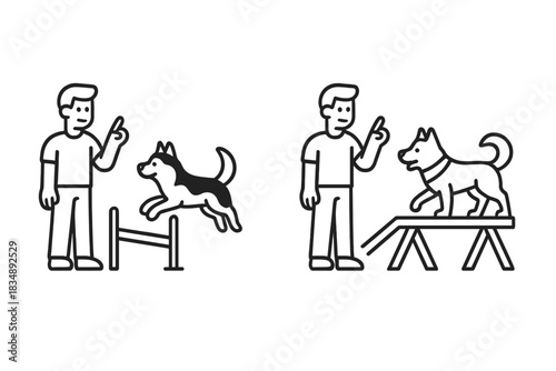 Dog agility training with handler and husky jumping over hurdle and walking on ramp