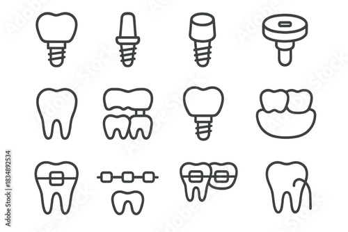 Set of dental treatment symbols including implants, crowns, bridges, and braces