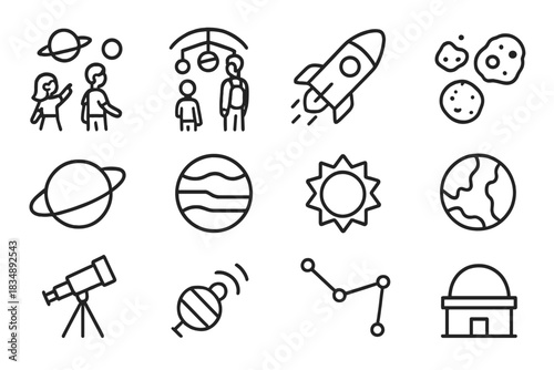 Minimalist outline symbols of space, astronomy, planets, and cosmic exploration
