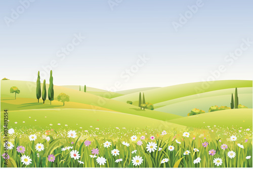 gentle rolling green hills with trees and wildflowers under a blue sky