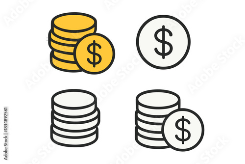 Collection of financial symbols with stacked gold coins and dollar currency