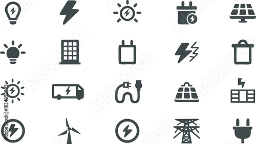 Collection of clean energy and electricity icons representing renewable power sources and electrical concepts Art & Illustration