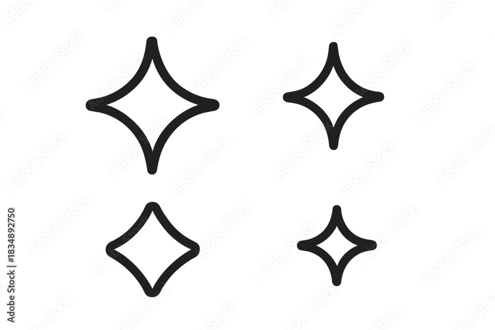 Obraz premium Four simple outline sparkle icons representing shine light effect symbols