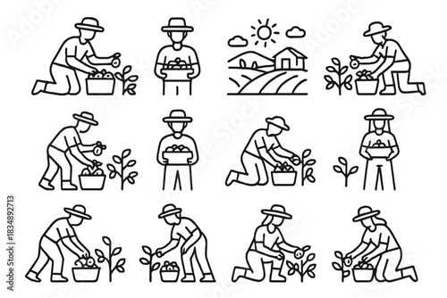 Set of linear pictograms showing people farming, planting, and harvesting crops in the field