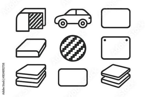 Minimalist line symbols representing transportation, construction materials, and geometry