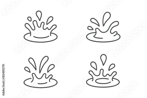 Minimalist linear icons depicting water drops, liquid splashes, and surface ripple effects