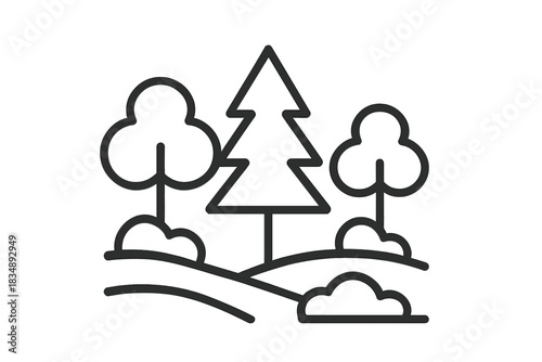 Minimalist design of a forest landscape featuring trees and rolling hills for environment concepts