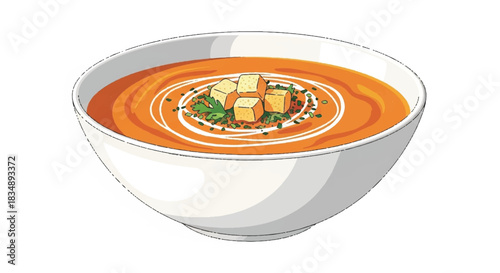 Bowl of Creamy Tomato Soup with Croutons and Herbs