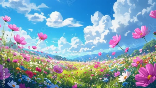 コスモス畑と青い空　AI生成素材