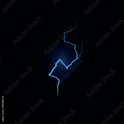 Thunderbolt blue lightning vector effect black background, energy glow beam, magic burst ray, realistic electric sparks