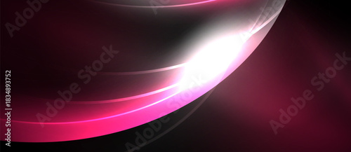 Abstract design features curved lines, vibrant pink hues, bright light source. Dark background creates dramatic contrast, modern aesthetic.